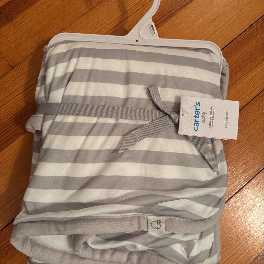 Carters Gray and White Striped Cozy Blanket NWT
